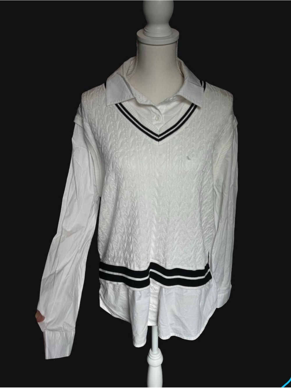 White Cable Knit Layered V-Neck Sweater Shirt with Black Stripe Trim